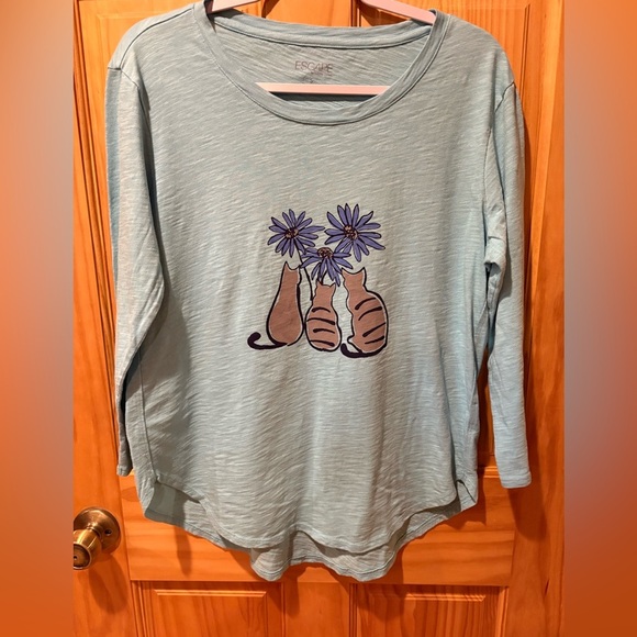 "ESCAPE by Habitate clothes Blue Long Sleeve Cat Print Top women’s Small - Picture 1 of 9